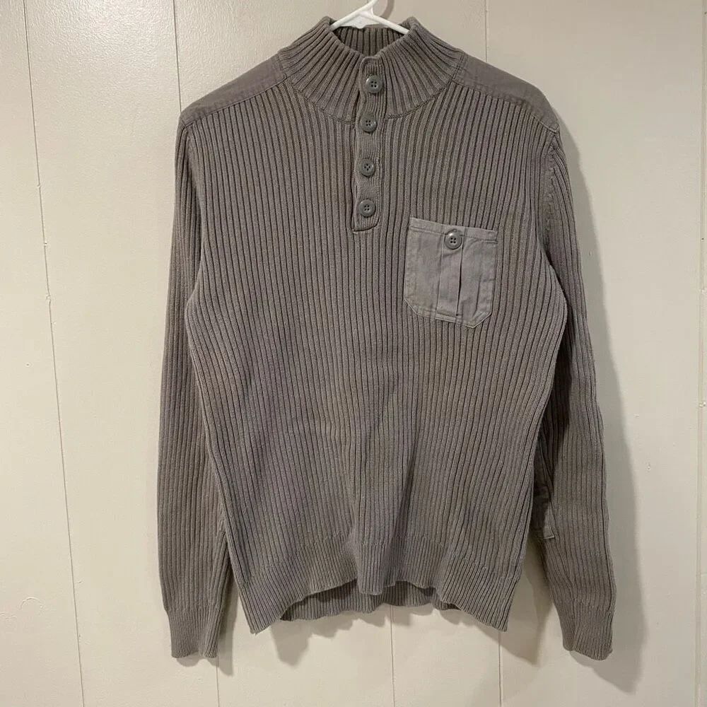 American Rag Men’s Ribbed Henley Sweater Beige Taupe 100% Cotton Size Large Pock